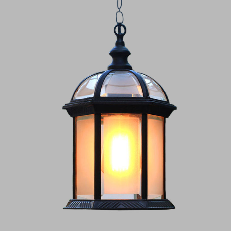 Farmhouse Black/Brass Birdcage Ceiling Lamp With Frosted Glass For Courtyard Suspension