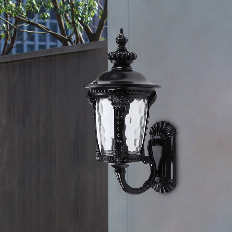 Rustic Urn Water Glass Wall Sconce - 1-Head Mount Lighting For Courtyard (Black)