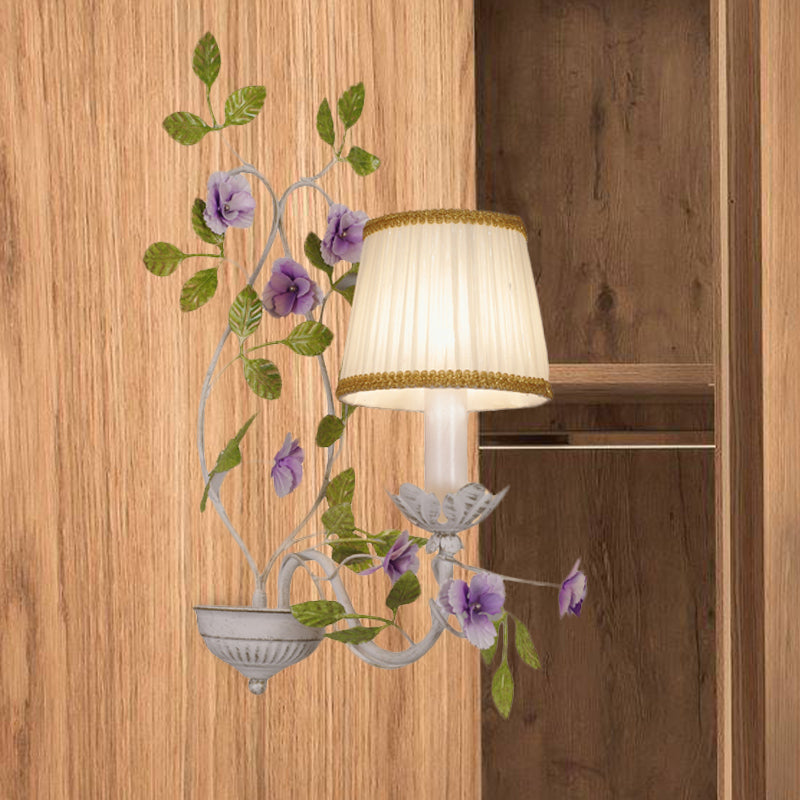 White Wall Sconce With Purple Flower Design And Pleated Shade For Bedroom Decor 1 /