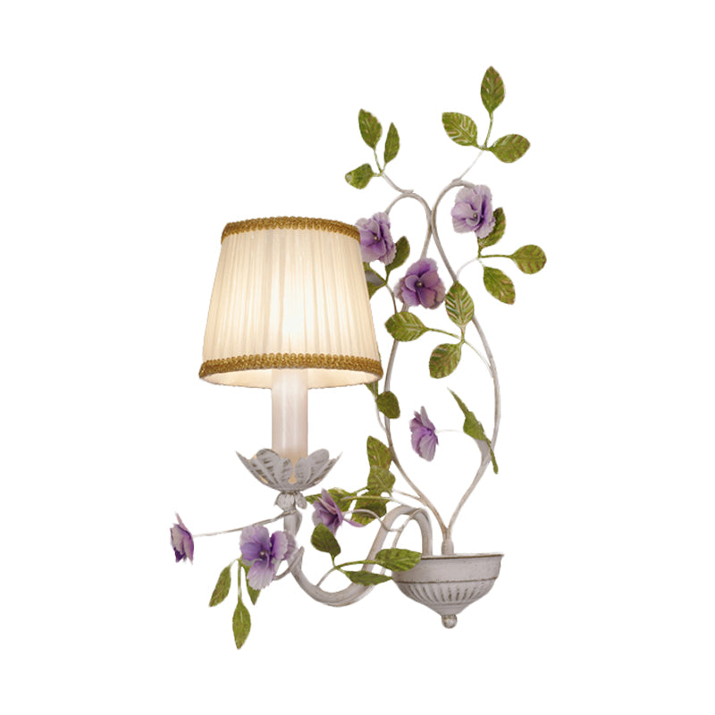 White Wall Sconce With Purple Flower Design And Pleated Shade For Bedroom Decor