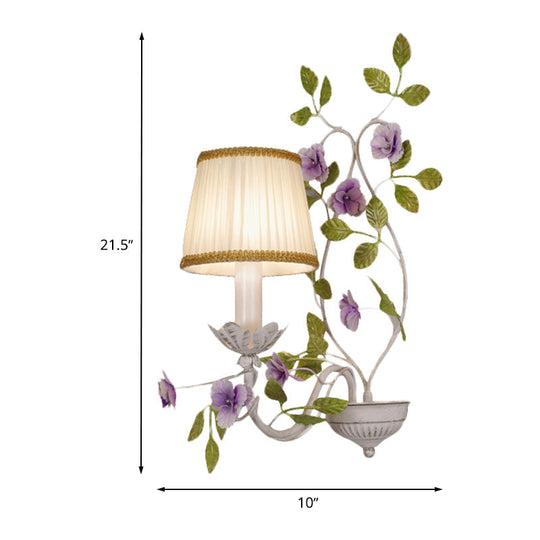 White Wall Sconce With Purple Flower Design And Pleated Shade For Bedroom Decor