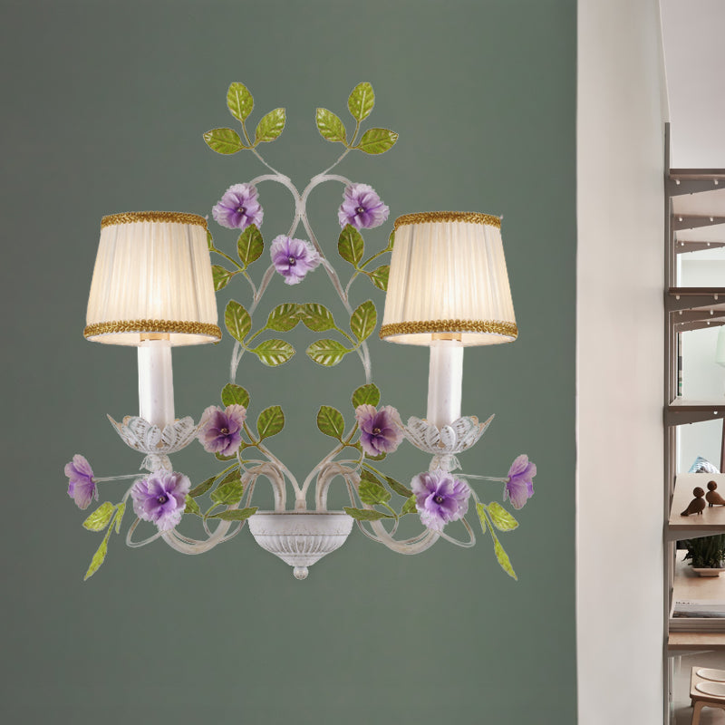 White Wall Sconce With Purple Flower Design And Pleated Shade For Bedroom Decor 2 /