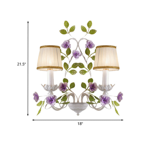 White Wall Sconce With Purple Flower Design And Pleated Shade For Bedroom Decor