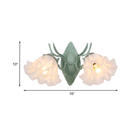 Pastoral White Glass Wall Sconce Lamp With Green Scalloped Design - 2 Bulb Lighting Fixture For