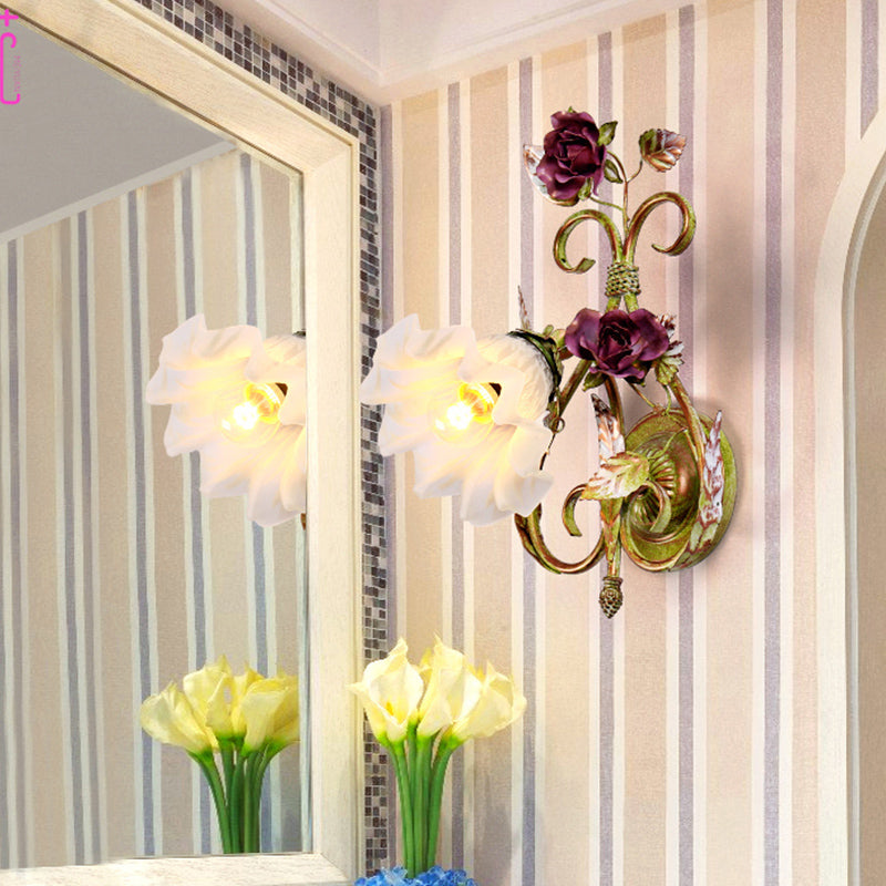 Korean Flower Wall Sconce Light: Cream Glass Green Lamp With Heart Shaped Arm Scalloped Design