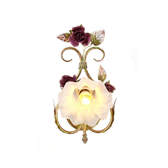 Korean Flower Wall Sconce Light: Cream Glass Green Lamp With Heart Shaped Arm Scalloped Design