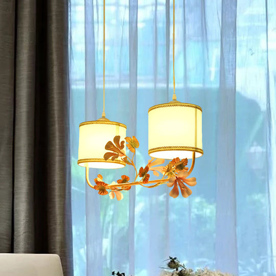 White Pastoral Cylinder Ceiling Light With Blossom Decor - Multi Pendant Lamp (2 Bulbs) Fabric