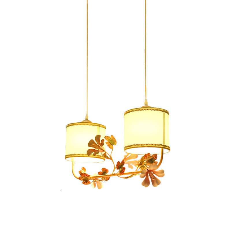 White Pastoral Cylinder Ceiling Light With Blossom Decor - Multi Pendant Lamp (2 Bulbs) Fabric