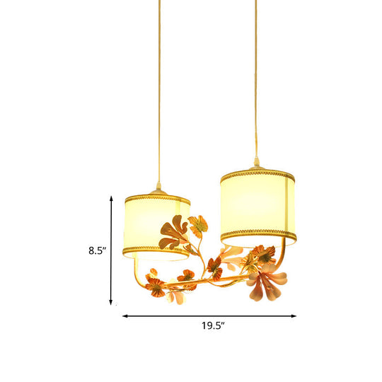 White Pastoral Cylinder Ceiling Light With Blossom Decor - Multi Pendant Lamp (2 Bulbs) Fabric