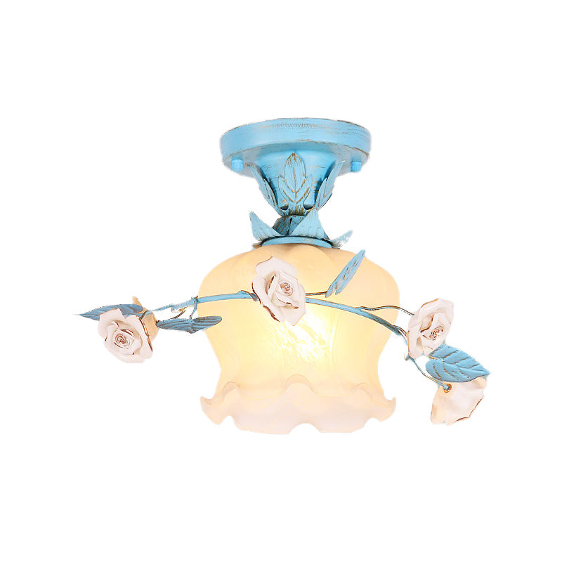 Blue Glass Korean Garden Flush Light with Blossom Design - Semi-Mounted, Single Bulb Entry Fixture