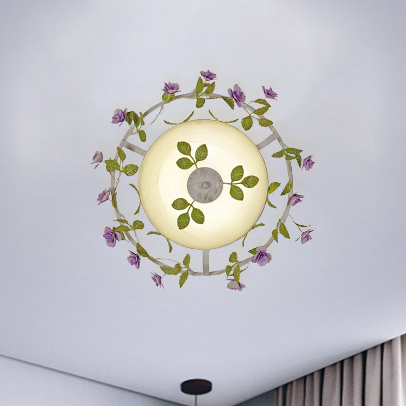 Pastoral Style 2-Head White Glass Flush Mount Ceiling Lamp with Bloom Decoration