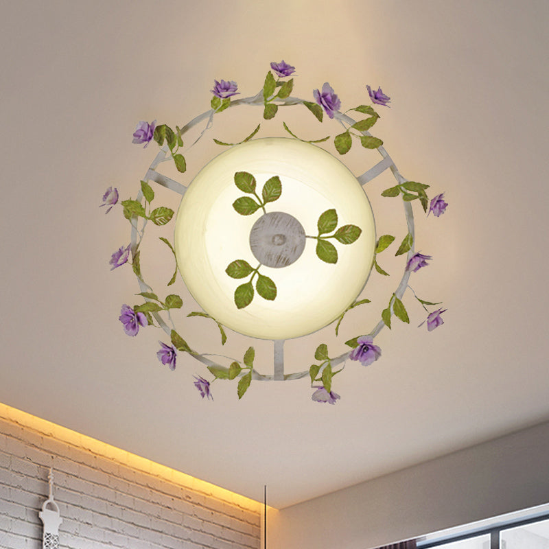 Pastoral Style 2-Head White Glass Flush Mount Ceiling Lamp with Bloom Decoration