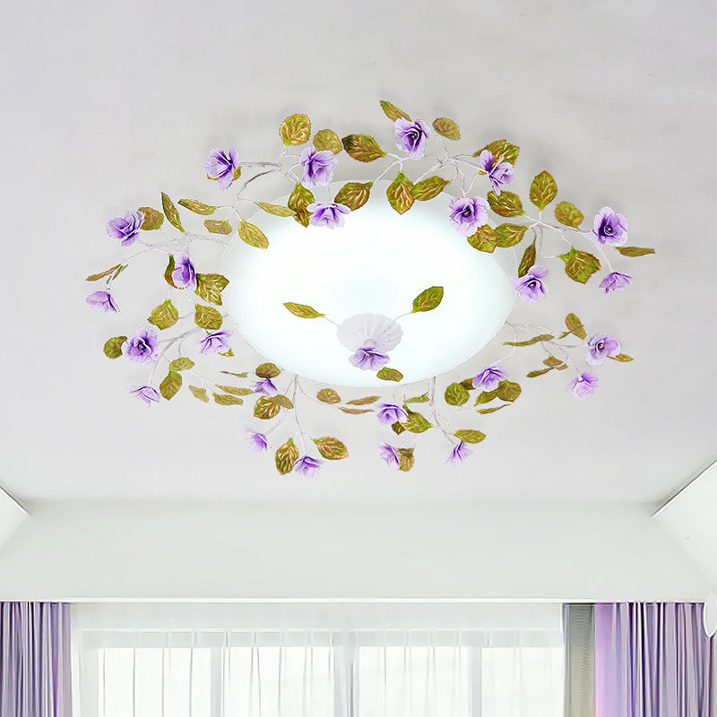 Ambient LED White Glass Semi Flush Ceiling Light - Countryside Purple Domed Design with Flower and Leaf Motif - 23"/28" Width