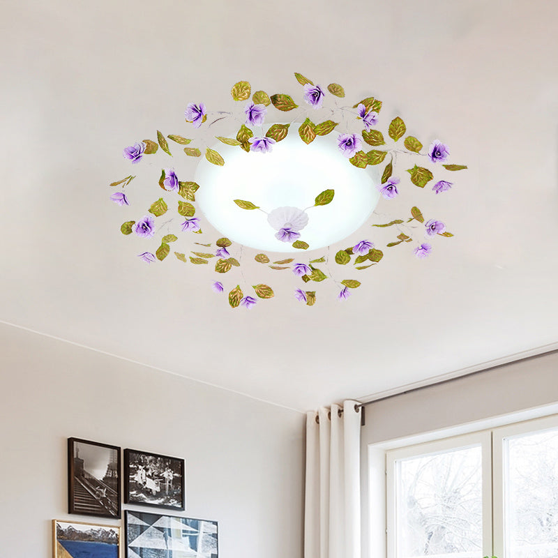 Ambient LED White Glass Semi Flush Ceiling Light - Countryside Purple Domed Design with Flower and Leaf Motif - 23"/28" Width