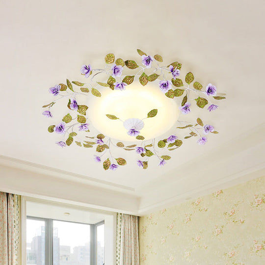 Ambient LED White Glass Semi Flush Ceiling Light - Countryside Purple Domed Design with Flower and Leaf Motif - 23"/28" Width