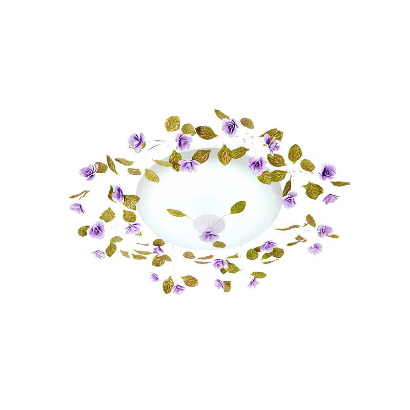 Ambient LED White Glass Semi Flush Ceiling Light - Countryside Purple Domed Design with Flower and Leaf Motif - 23"/28" Width