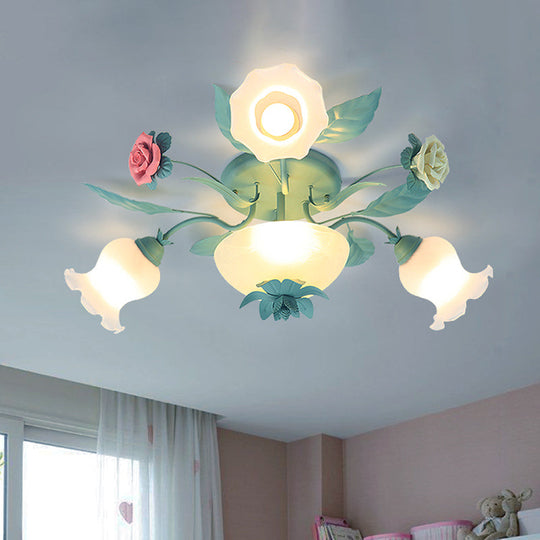 Korean Flower Semi-Flush Mount Milk Glass Light Fixture - 5/7/11 Lights, Perfect for Living Rooms