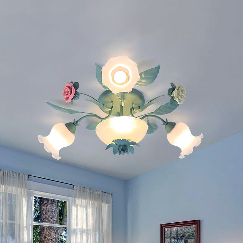 Korean Flower Semi-Flush Mount Milk Glass Light Fixture - 5/7/11 Lights, Perfect for Living Rooms