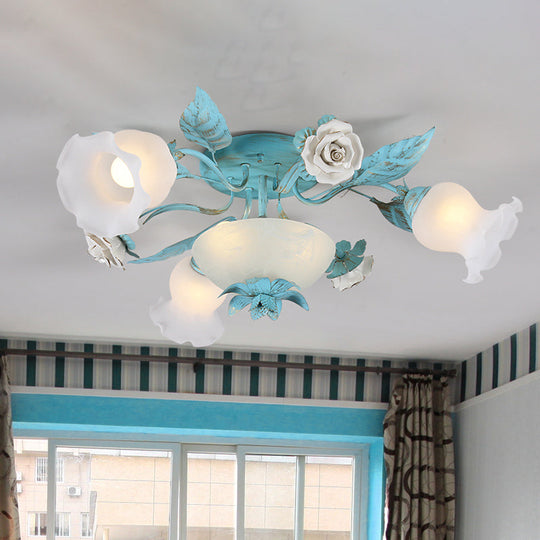 Korean Flower Semi-Flush Mount Milk Glass Light Fixture - 5/7/11 Lights, Perfect for Living Rooms