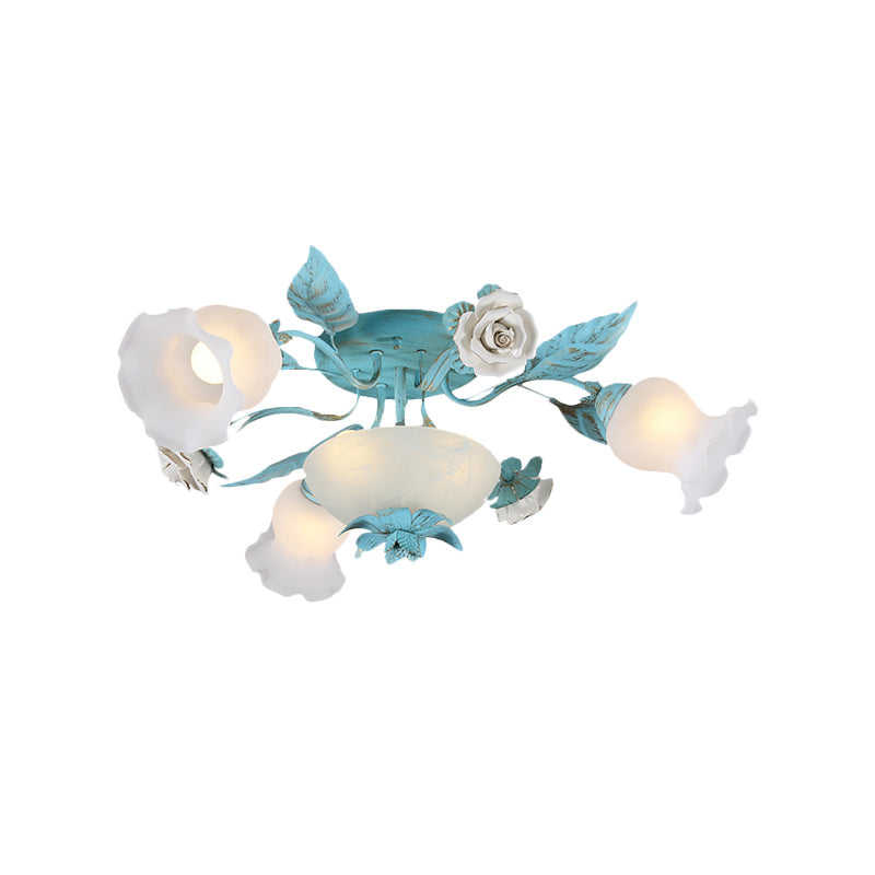 Korean Flower Semi-Flush Mount Milk Glass Light Fixture - 5/7/11 Lights, Perfect for Living Rooms