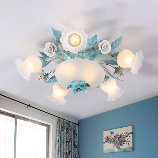 Korean Flower Semi-Flush Mount Milk Glass Light Fixture - 5/7/11 Lights, Perfect for Living Rooms