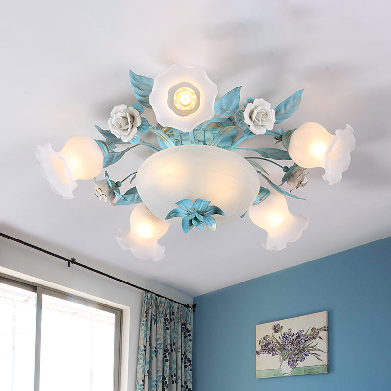 Korean Flower Semi-Flush Mount Milk Glass Light Fixture - 5/7/11 Lights Perfect For Living Rooms 7 /