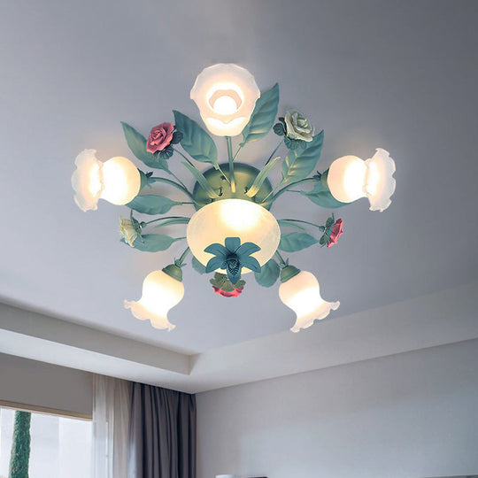 Korean Flower Semi-Flush Mount Milk Glass Light Fixture - 5/7/11 Lights, Perfect for Living Rooms