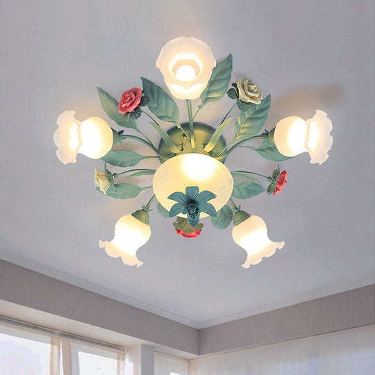 Korean Flower Semi-Flush Mount Milk Glass Light Fixture - 5/7/11 Lights, Perfect for Living Rooms