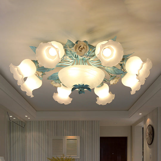 Korean Flower Semi-Flush Mount Milk Glass Light Fixture - 5/7/11 Lights, Perfect for Living Rooms