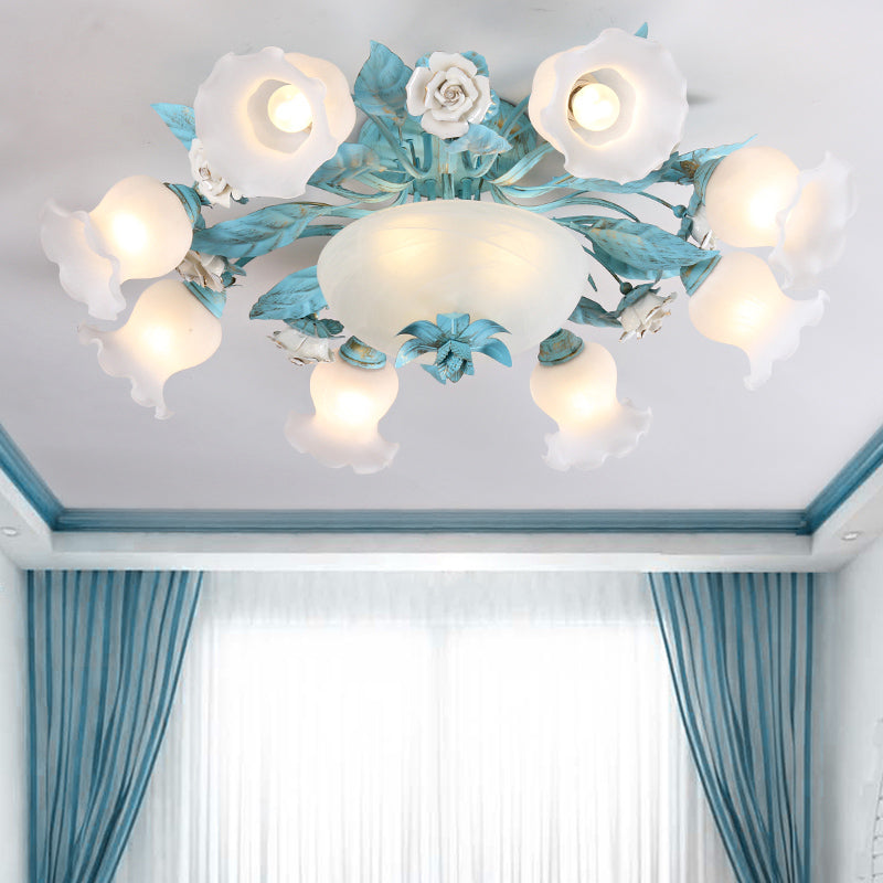 Korean Flower Semi-Flush Mount Milk Glass Light Fixture - 5/7/11 Lights, Perfect for Living Rooms