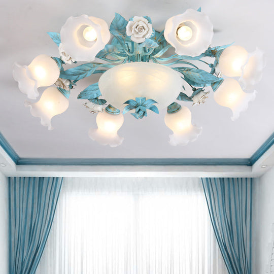 Korean Flower Semi-Flush Mount Milk Glass Light Fixture - 5/7/11 Lights Perfect For Living Rooms