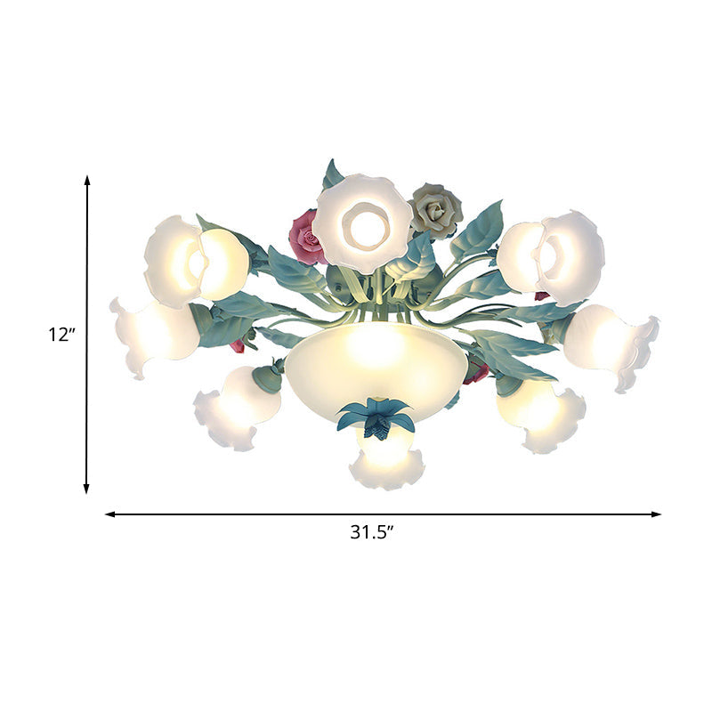 Korean Flower Semi-Flush Mount Milk Glass Light Fixture - 5/7/11 Lights, Perfect for Living Rooms