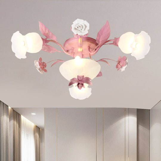 Korean Garden Opal Glass Semi-Flush Ceiling Light - Pink Blossom Design | Mounts Flush in Restaurants | Available in 5/7/11 Bulbs