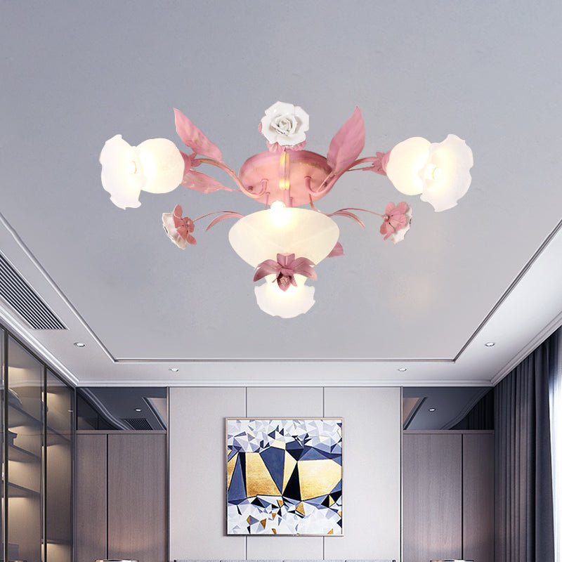 Korean Garden Opal Glass Semi-Flush Ceiling Light - Pink Blossom Design | Mounts Flush in Restaurants | Available in 5/7/11 Bulbs