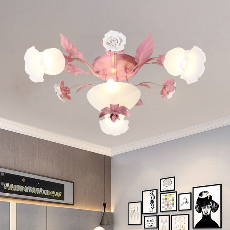 Korean Garden Opal Glass Semi-Flush Ceiling Light - Pink Blossom Design | Mounts Flush in Restaurants | Available in 5/7/11 Bulbs