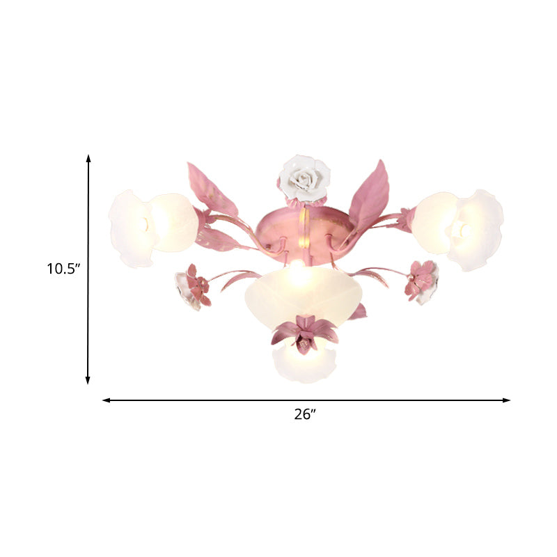 Korean Garden Opal Glass Semi-Flush Ceiling Light - Pink Blossom Design | Mounts Flush in Restaurants | Available in 5/7/11 Bulbs