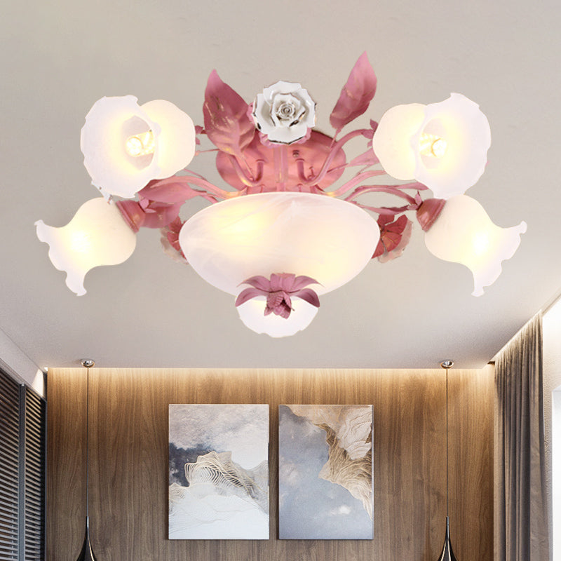 Korean Garden Opal Glass Semi-Flush Ceiling Light - Pink Blossom Design | Mounts Flush in Restaurants | Available in 5/7/11 Bulbs