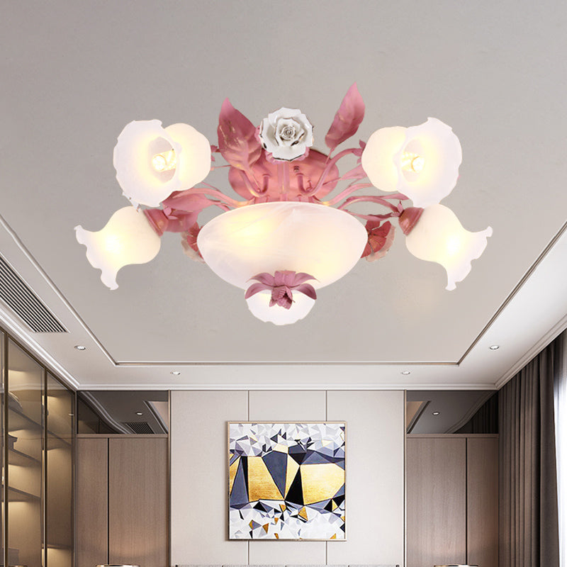 Korean Garden Opal Glass Semi-Flush Ceiling Light - Pink Blossom Design | Mounts Flush in Restaurants | Available in 5/7/11 Bulbs