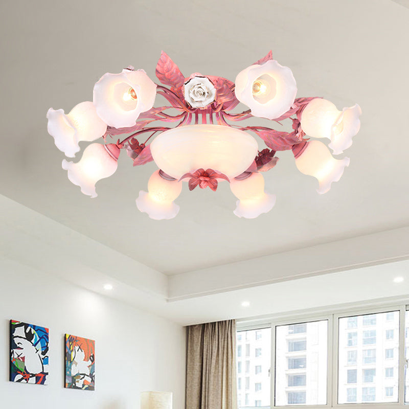 Korean Garden Opal Glass Semi-Flush Ceiling Light - Pink Blossom Design | Mounts Flush in Restaurants | Available in 5/7/11 Bulbs