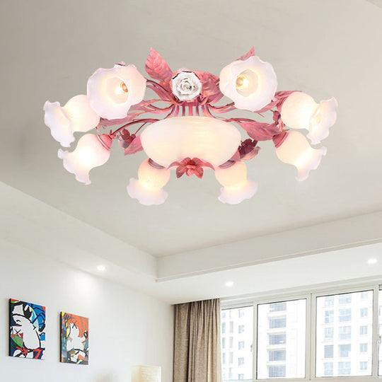 Korean Garden Opal Glass Semi-Flush Ceiling Light - Pink Blossom Design | Mounts Flush in Restaurants | Available in 5/7/11 Bulbs