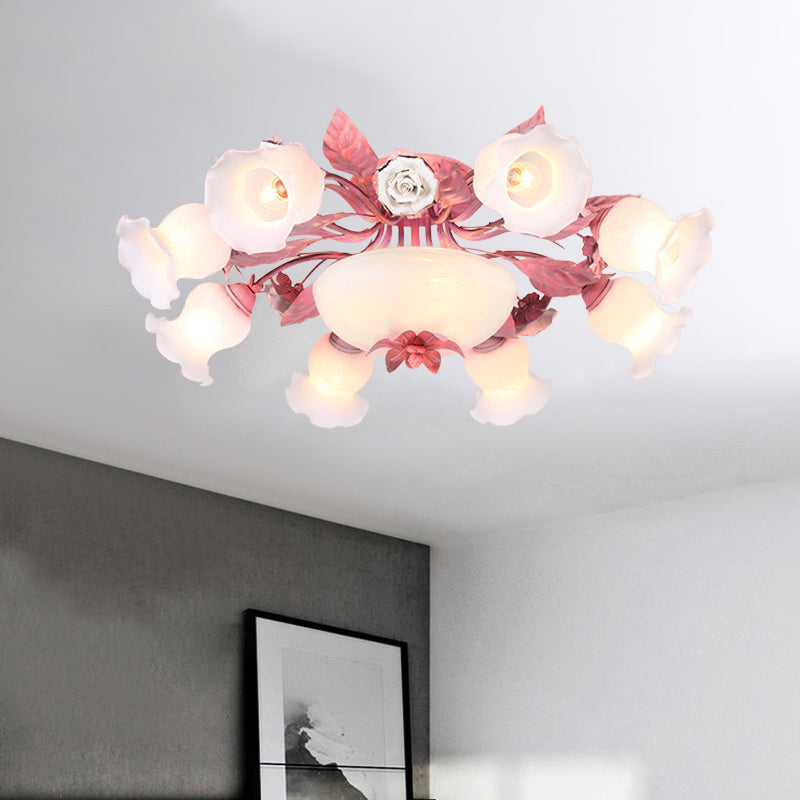 Korean Garden Opal Glass Semi-Flush Ceiling Light - Pink Blossom Design | Mounts Flush in Restaurants | Available in 5/7/11 Bulbs