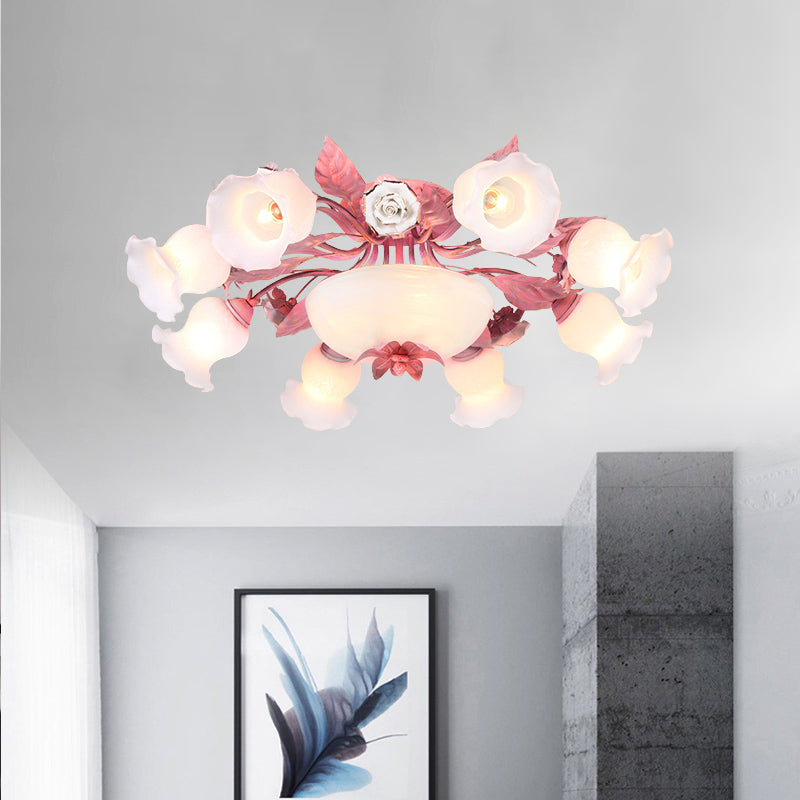 Korean Garden Opal Glass Semi-Flush Ceiling Light - Pink Blossom Design | Mounts Flush in Restaurants | Available in 5/7/11 Bulbs