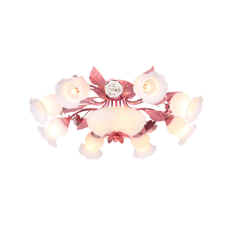 Korean Garden Opal Glass Semi-Flush Ceiling Light - Pink Blossom Design | Mounts Flush in Restaurants | Available in 5/7/11 Bulbs