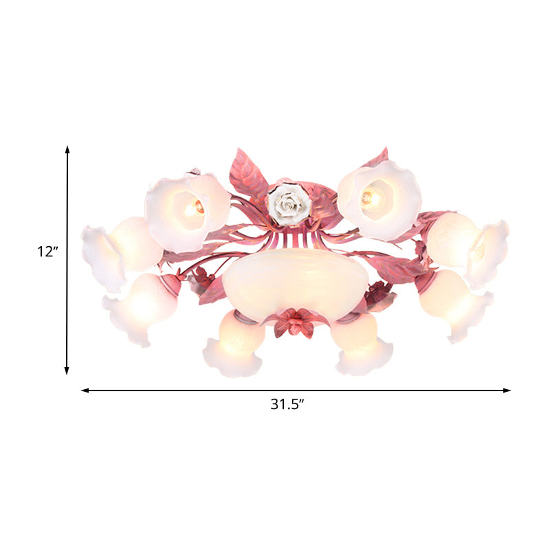 Korean Garden Opal Glass Semi-Flush Ceiling Light - Pink Blossom Design | Mounts Flush in Restaurants | Available in 5/7/11 Bulbs