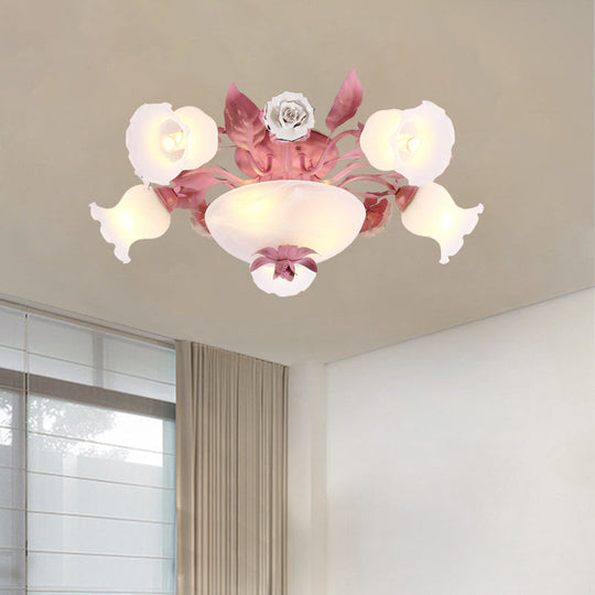 Korean Garden Opal Glass Semi-Flush Ceiling Light - Pink Blossom Design | Mounts Flush in Restaurants | Available in 5/7/11 Bulbs