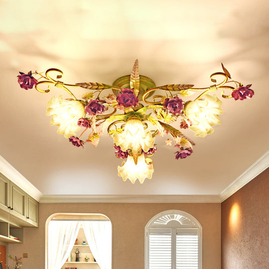 Green Opal Glass Scalloped Semi Flush Ceiling Light with Korean Flower Design - 4 Bulb Living Room Fixture