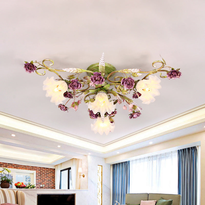 Green Opal Glass Scalloped Semi Flush Ceiling Light with Korean Flower Design - 4 Bulb Living Room Fixture