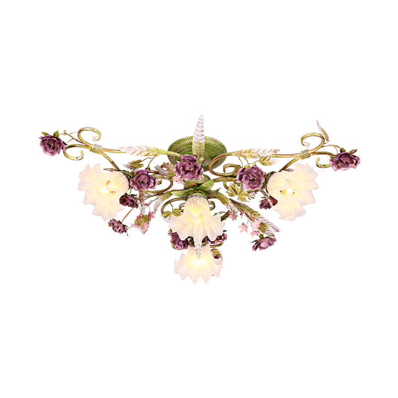 Green Opal Glass Scalloped Semi Flush Ceiling Light with Korean Flower Design - 4 Bulb Living Room Fixture