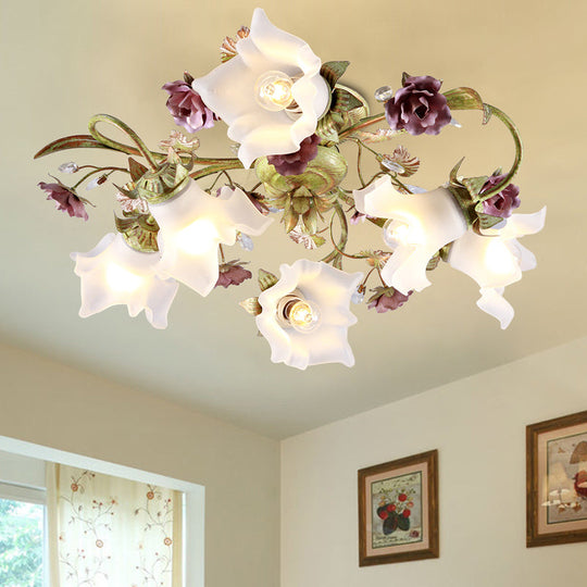 Romantic Opal Glass Semi Flush Light with Green Flower Design - 6 Heads Spiral Ceiling Flush