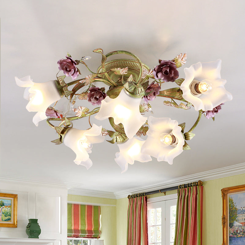 Romantic Opal Glass Semi Flush Light with Green Flower Design - 6 Heads Spiral Ceiling Flush